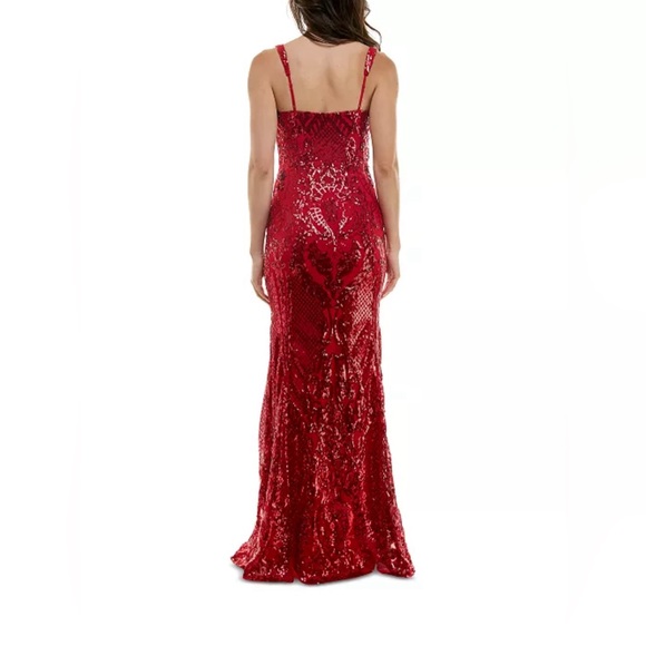 Juniors' Sequinned Bustier Evening Gown - Red - Picture 2 of 5